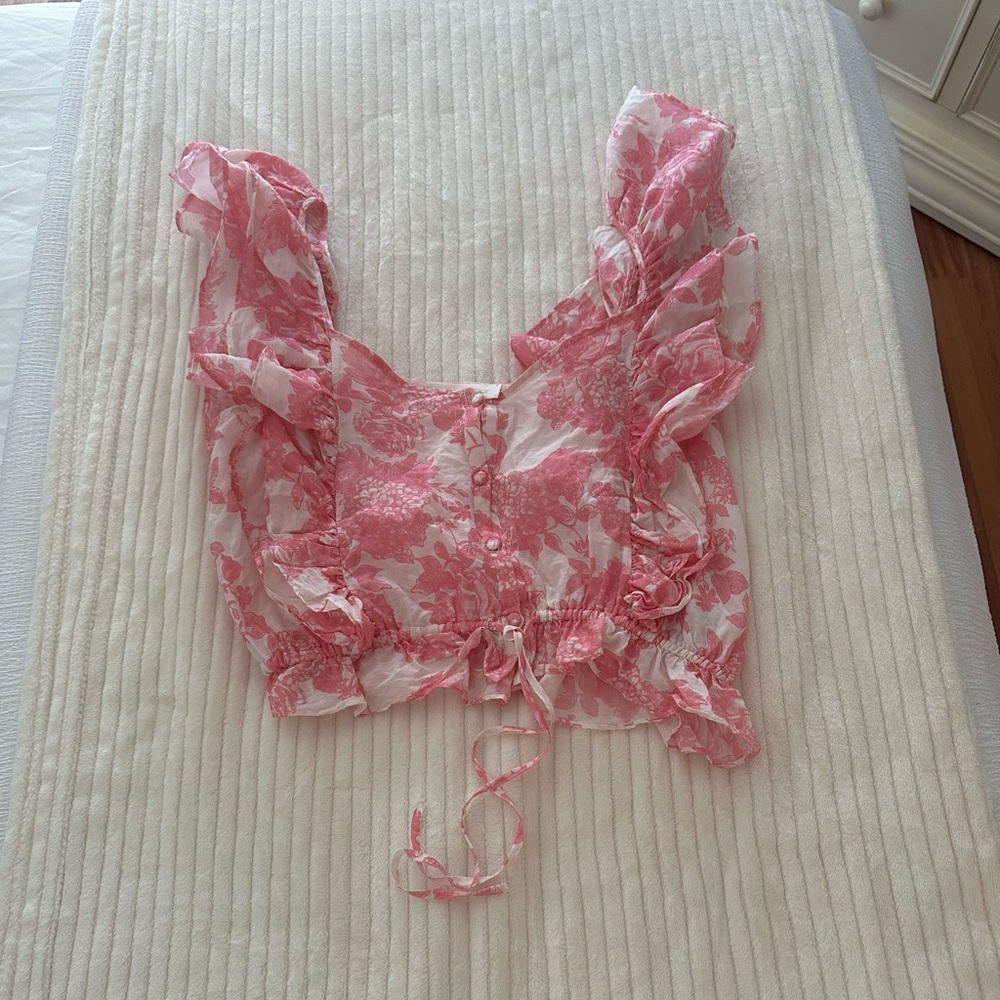 LoveShackFancy Pink and white floral ruffle crop top